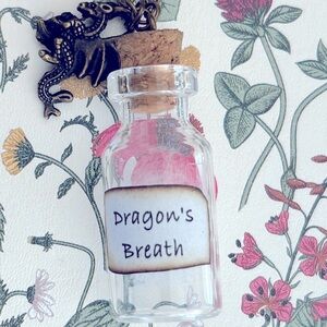 NWOT Necklace “Dragons Breath” bottle 1.5”, glass cork, dragon, brass 19” chain